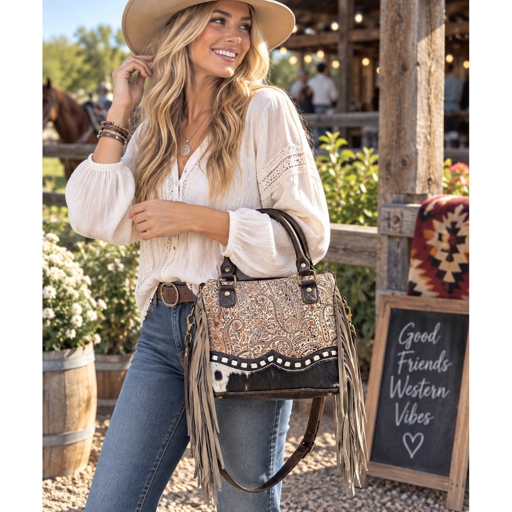 Myra Bag Katherina Cowhide Paisley Leather Fringe Western Crossbody Satchel - Picture 2 of 10